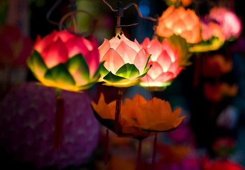 colorful lanterns are lit up in the dark