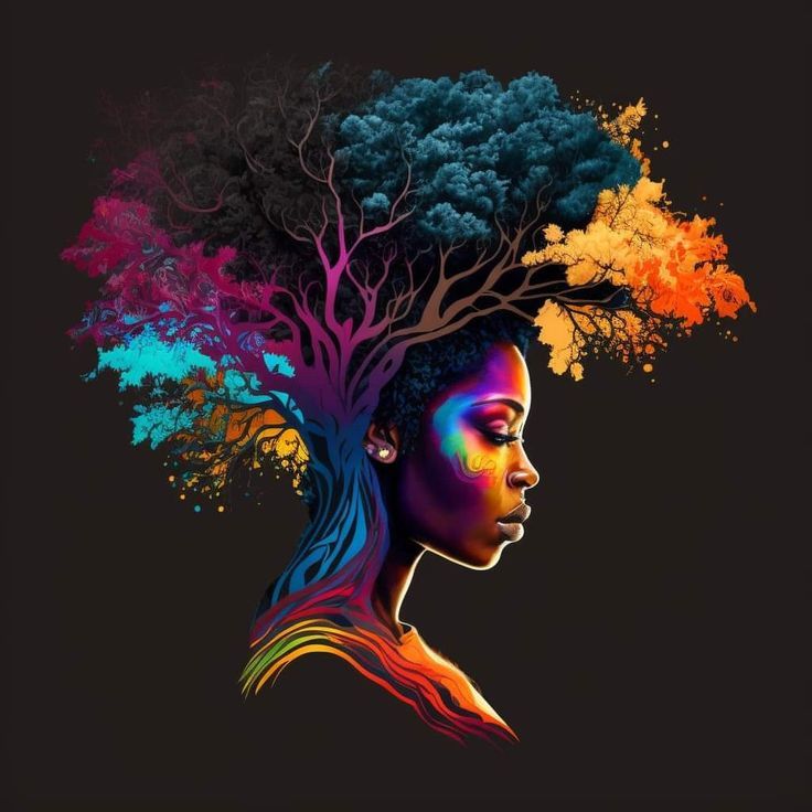 a woman's face with colorful trees on her head