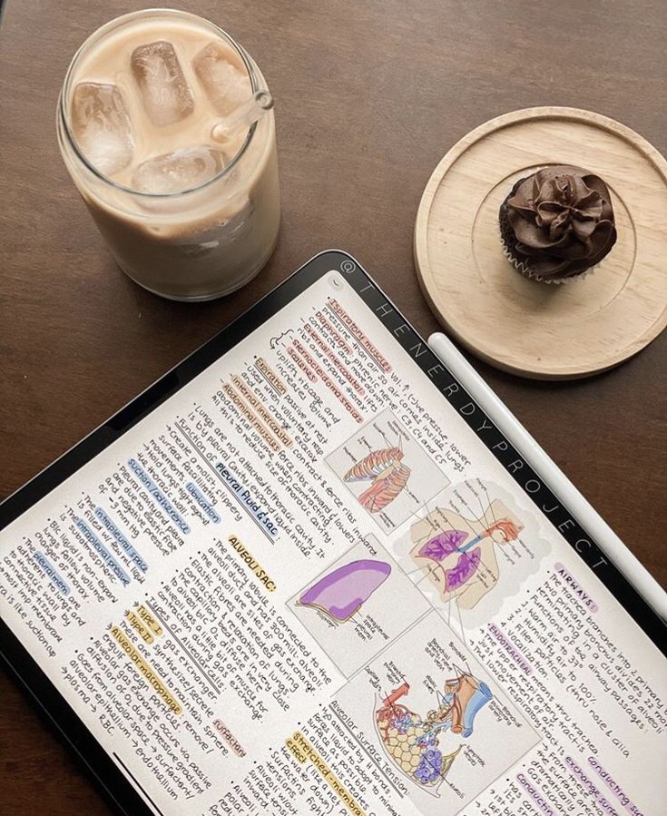 a tablet with an ice cream dessert on it next to a cup of iced coffee