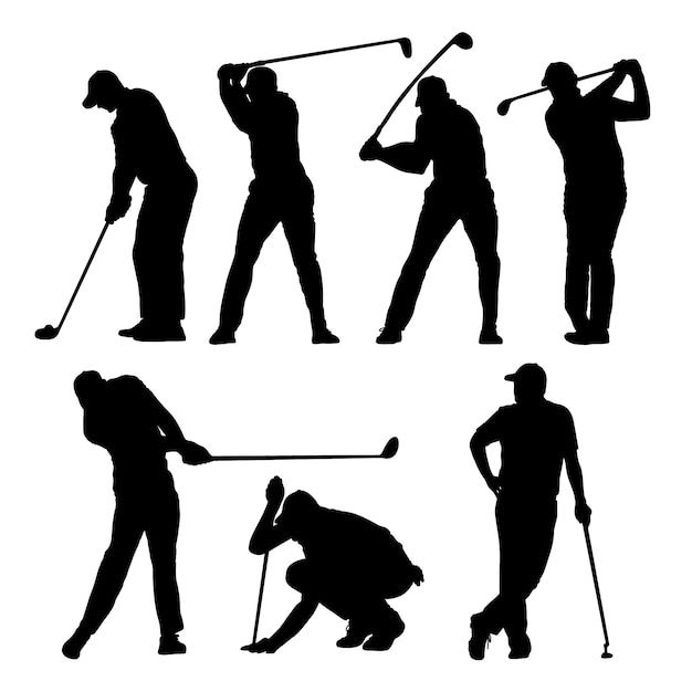 the silhouettes of people playing golf in different poses and positions, all holding their clubs