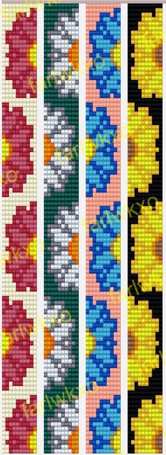 four rows of different colored bracelets with designs on each side and one row of colorful beads