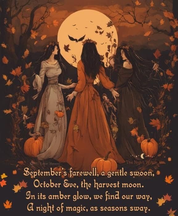 two women in dresses standing next to each other with pumpkins on the ground and a full moon behind them