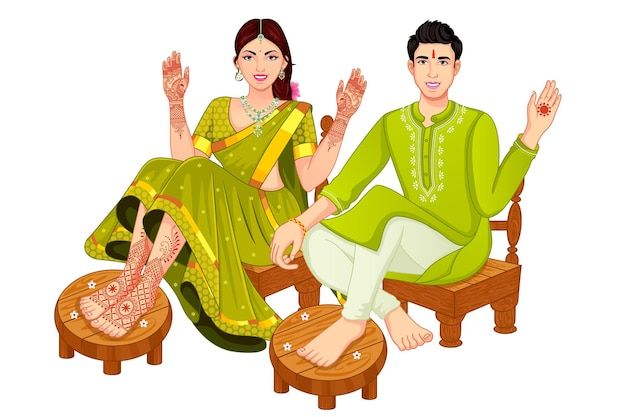 a man and woman sitting next to each other with henna tattoos on their hands