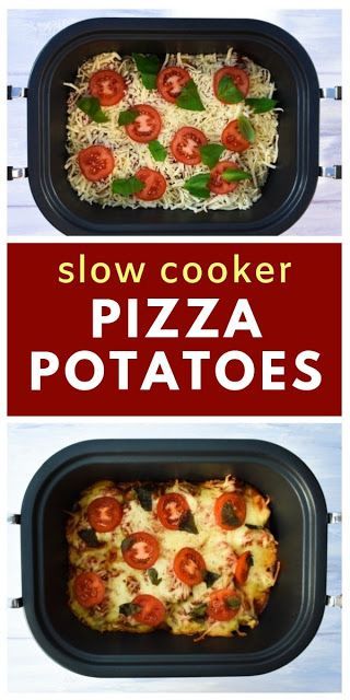 this is an image of slow cooker pizza potatoes with tomatoes and cheese on top