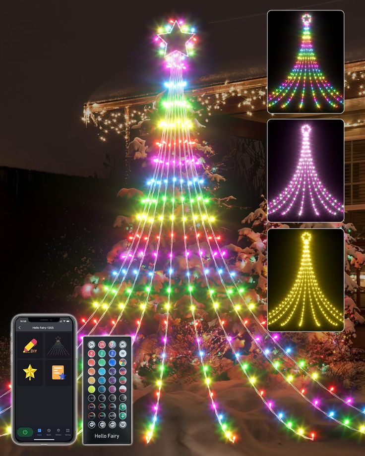 a christmas tree decorated with multicolored lights next to a cell phone and remote control