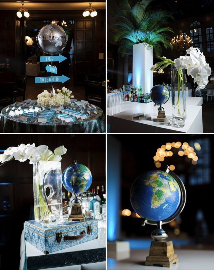 four different shots of an earth globe with flowers in vases and other items on display