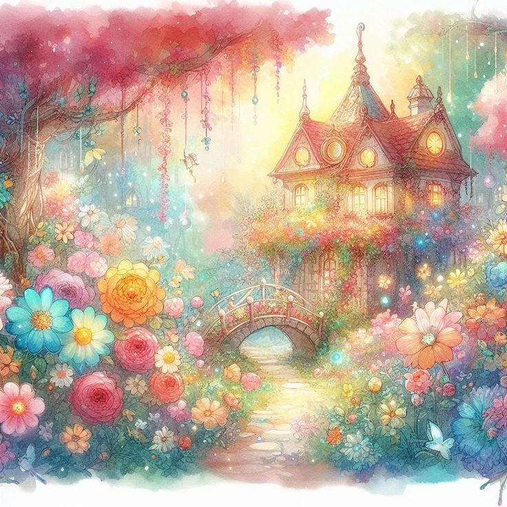 a painting of a house in the middle of flowers with a bridge leading to it