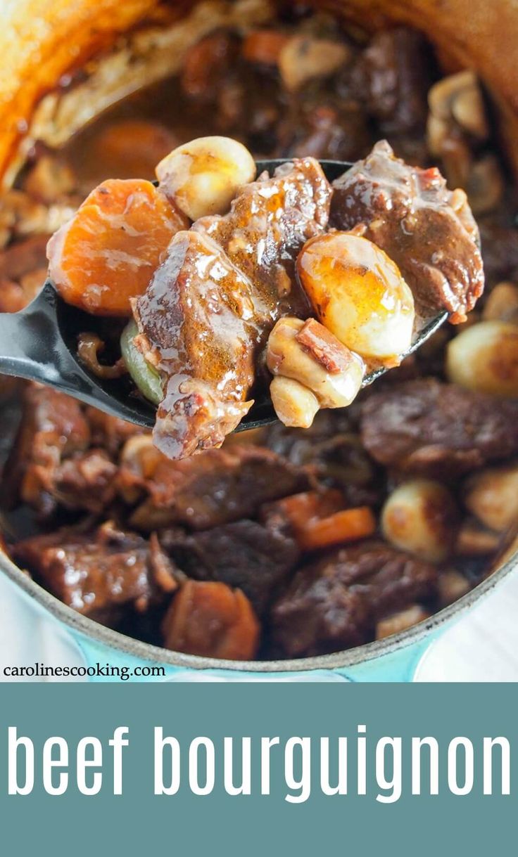 a spoon full of beef and cashew stew with text overlay that reads beef and cashew stew