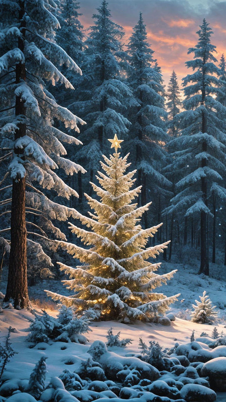 Glowing Christmas tree in the Winter wilderness.