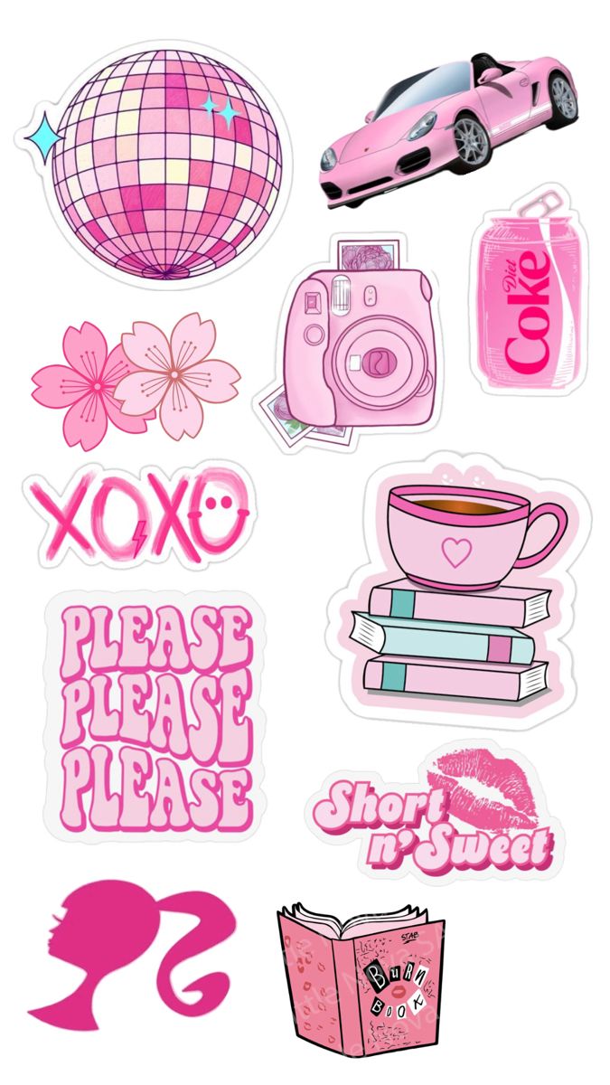 pink stickers with different types of items