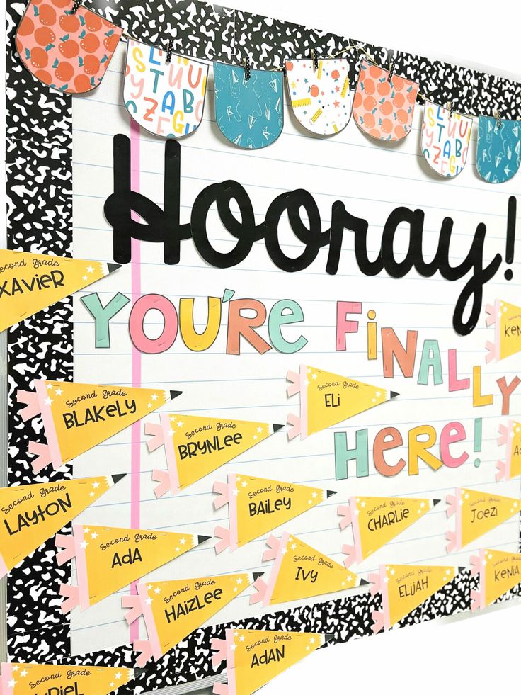 a bulletin board that says hooray you're final here with lots of notes attached to it