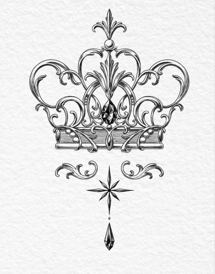 a drawing of a crown with an ornate design on the front and back side, in black ink