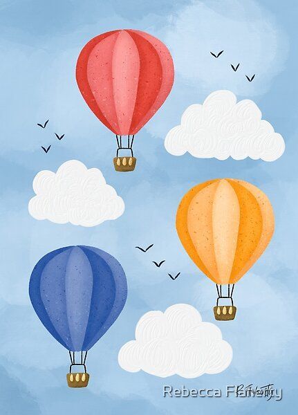 three hot air balloons flying in the sky with clouds and birds around them on a blue background