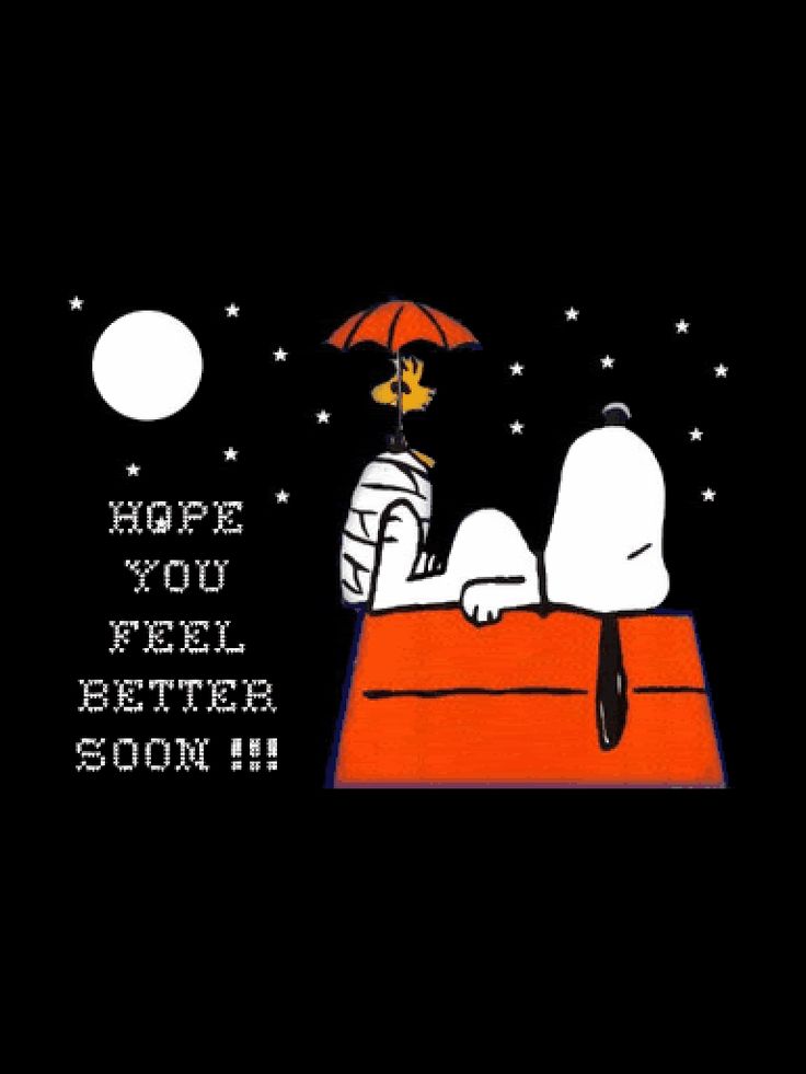 snoopy and charlie on the roof with an umbrella saying happy you feel better soon