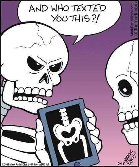 two skeletons looking at a tablet screen with the caption and who texted you this?