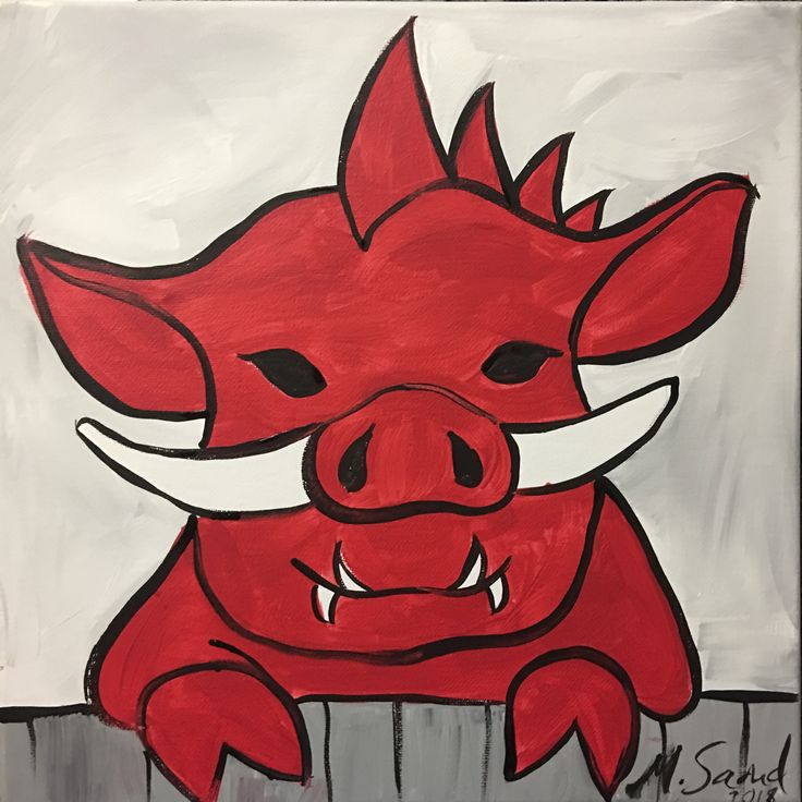 a painting of a red pig sitting on top of a wooden fence with its mouth open