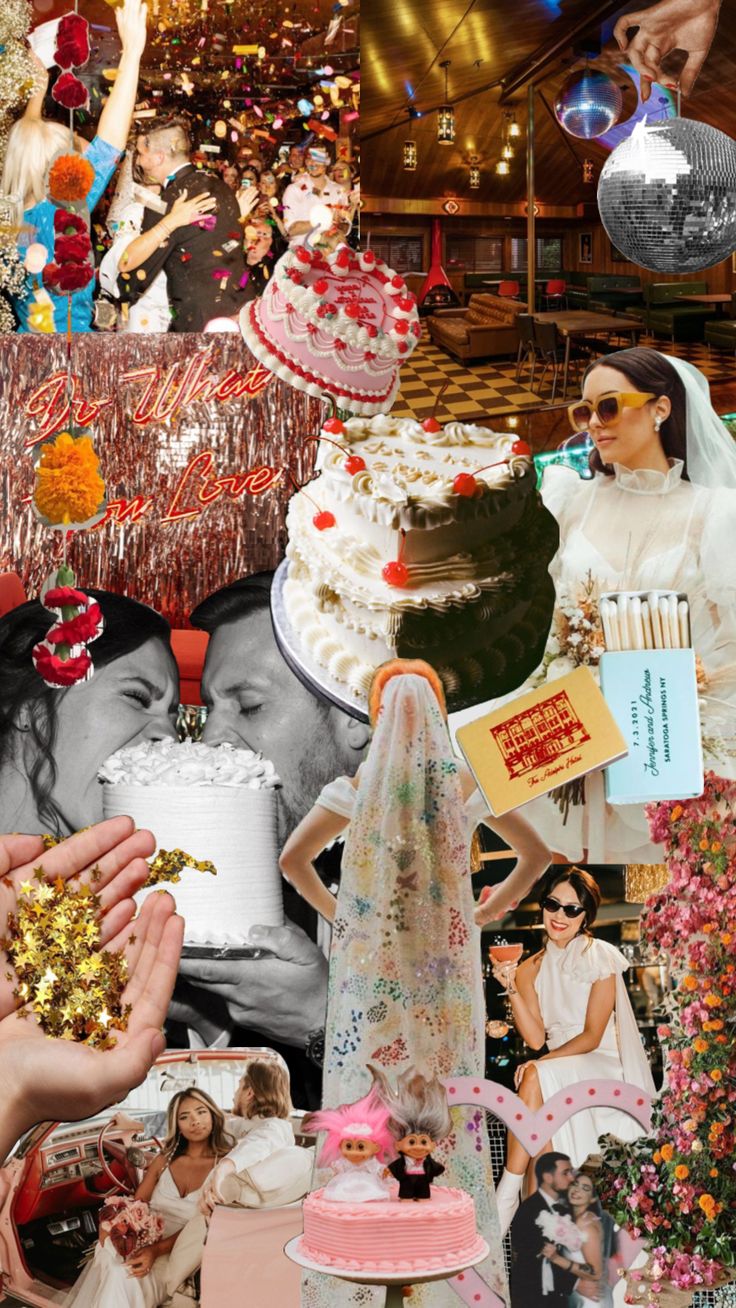 a collage of photos with people and wedding cakes on them, including one woman holding a cake