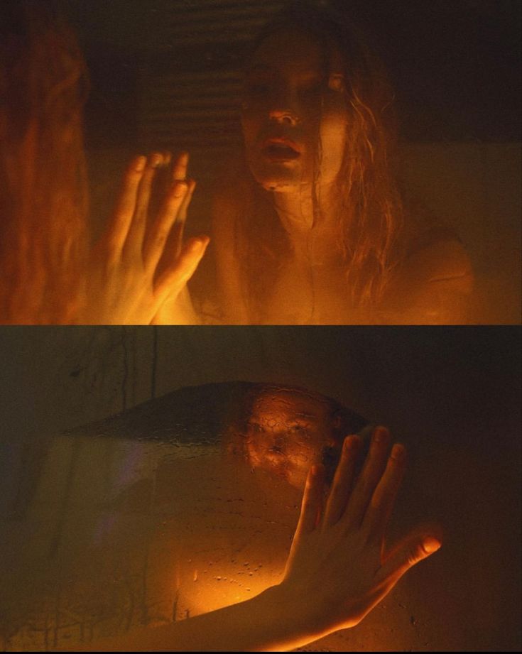 two images of a woman in the dark with her hands on her face, and one is