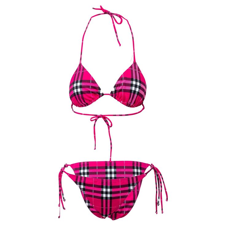 Upgrade your swimwear game with the Burberry Check Swimwear. This halterneck bikini set is made from a stretchy polyamide and elastane blend, featuring the iconic Burberry Check in a vibrant pink color. Remarks: Unused and in pristine condition. The measurements are an indication from brand's own size guide. The size is adjustable to fit. Bust:45.5;Waist:34.5;Hip:48 Material: 80% Polyamide 20% Elastane Missoni Mare, Triangl Swimwear, Halter Neck Top, Latest Outfits, One Piece Swimwear, Check In, British Style, Chic Design, London Fashion Week