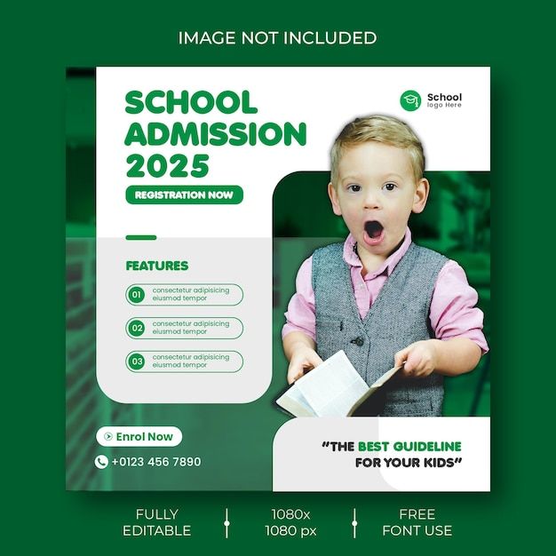 a green school graduation flyer with a young boy holding a book and making a funny face