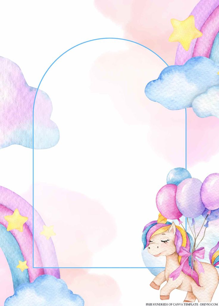 a watercolor unicorn with balloons and stars in the sky