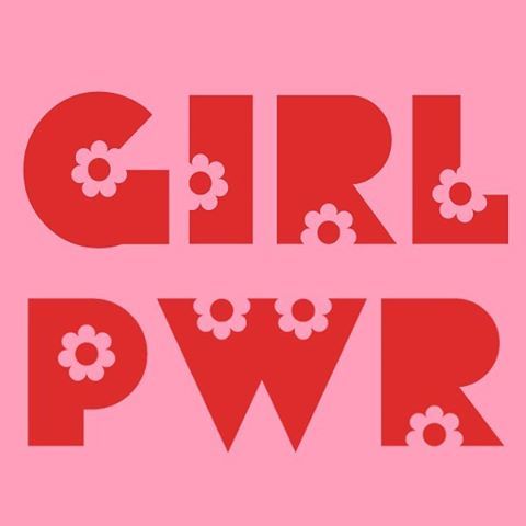 the word girl power written in red on a pink background with flowers and letters that spell out