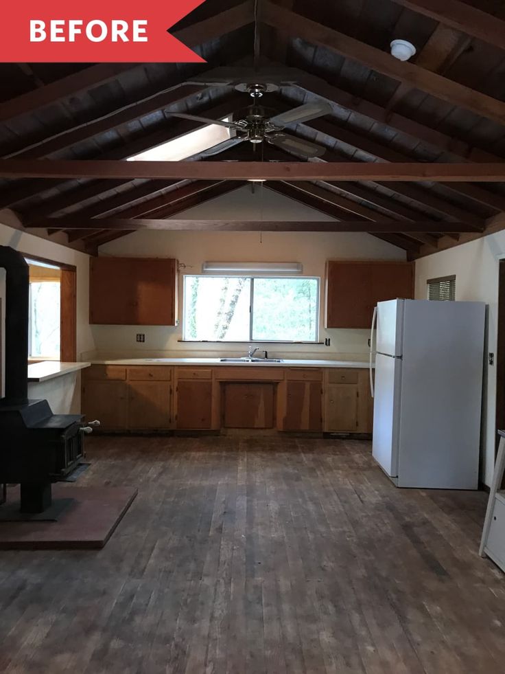 an empty kitchen and living room with wood flooring in the foreground, before and after remodel