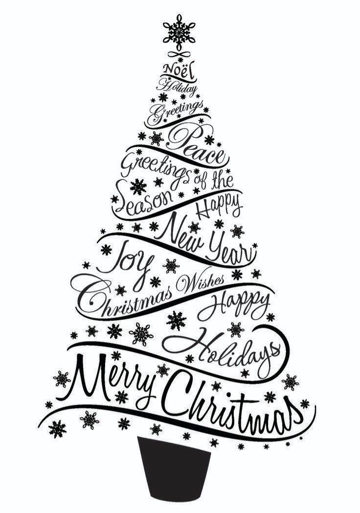 a black and white christmas tree with merry lettering