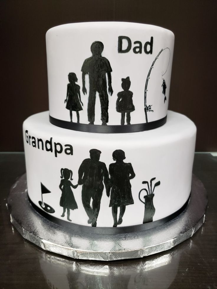 two tiered cake decorated with silhouettes of people and the words grandpaa on it