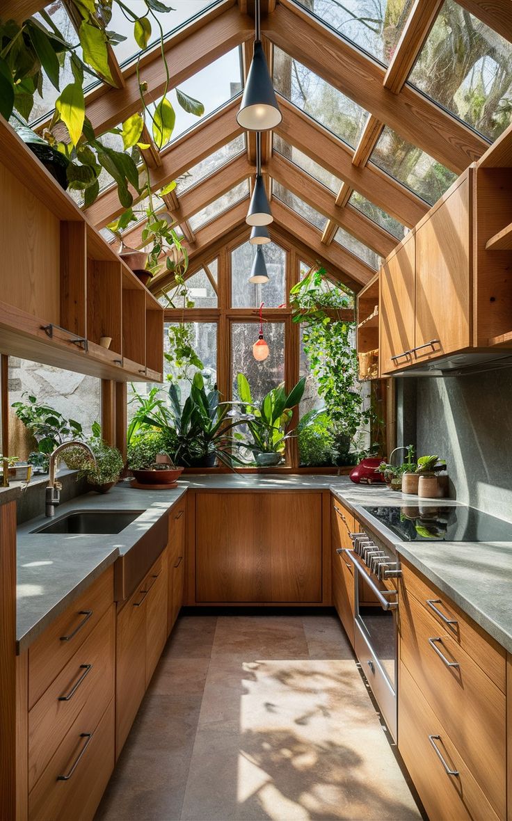 a kitchen filled with lots of wooden cabinets and counter top space under a skylight