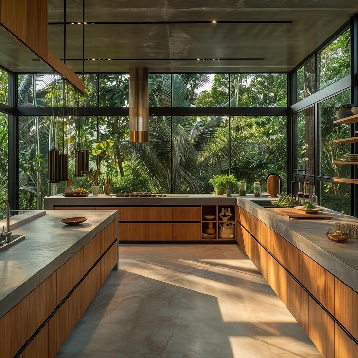 an open kitchen with lots of counter space and plants in the window sill area