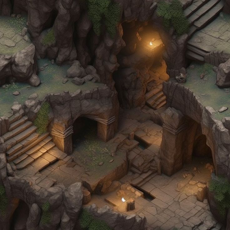 an aerial view of a cave with stairs and steps leading up to the light at the entrance