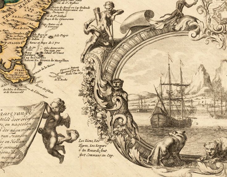 an old map with figures and other things on the top, including ships in the background