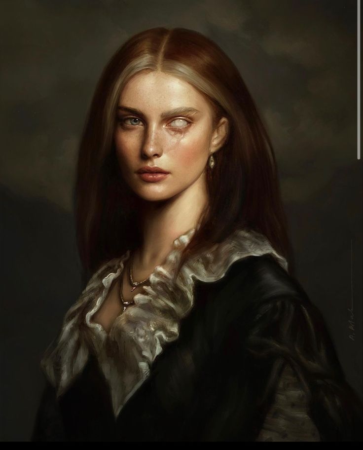 a painting of a woman with long hair wearing a black dress and white collared shirt