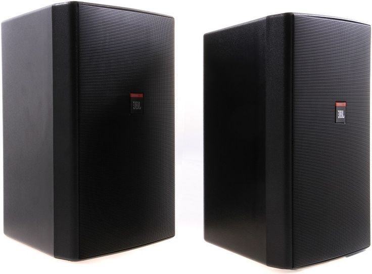 two black speakers sitting next to each other