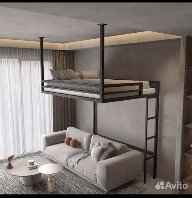 a living room with a couch and bunk bed