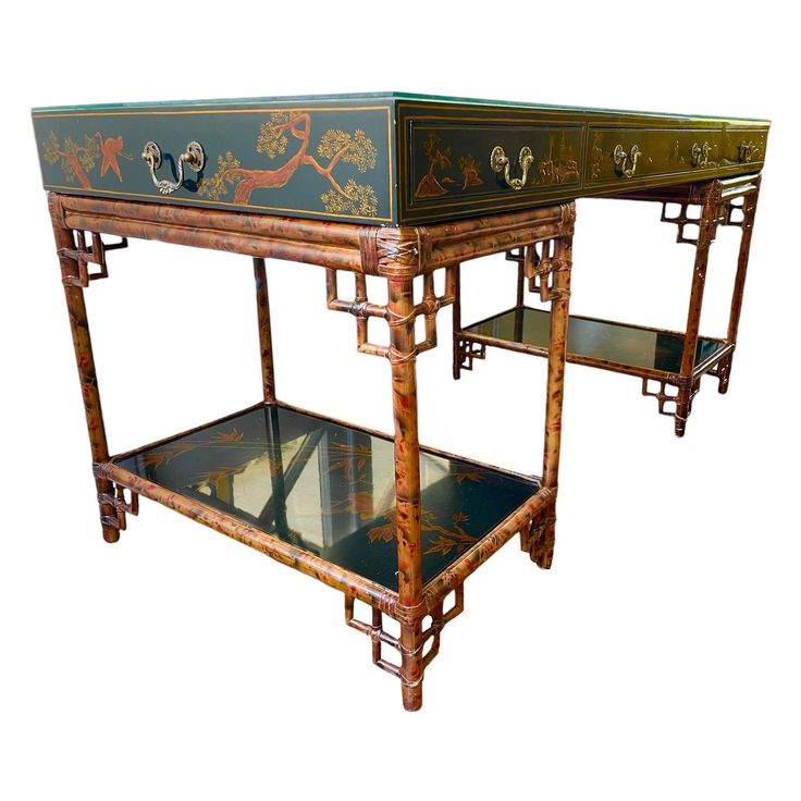 This is a stunning vintage Maitland Smith desk with Chinoiserie painted details throughout. The bamboo bases are leather wrapped and the hardware is all solid brass. It’s in gorgeous vintage shape and ready to shine in its new space! Would be gorgeous as a desk or an entryway table complete with 3 drawers. The hand painted detailing through out is an absolute show stopper. Maitland Smith Furniture, Rattan Bedroom, Small Entryway Table, Chest Makeover, Leather Top Desk, Bamboo Desk, Flatware Chest, Desk Vintage, British Colonial Style