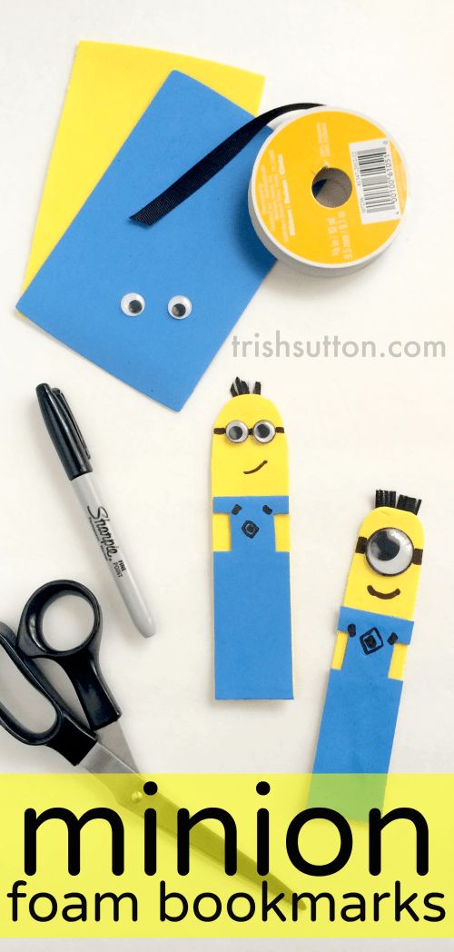 minion foam bookmarks made from construction paper, scissors and tape with text overlay