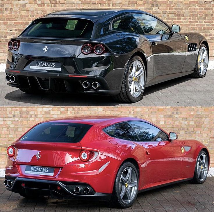 two different cars side by side in front of a brick wall, one red and the other black