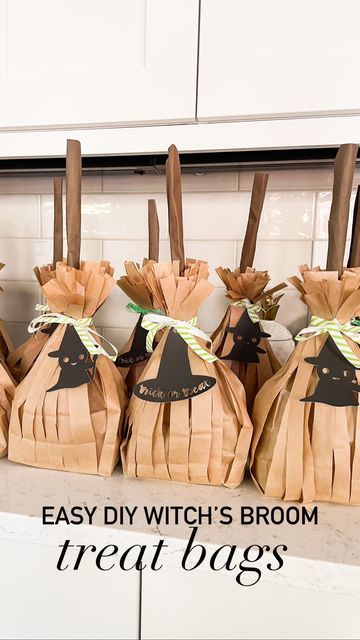 brown paper bags with witch's brooms on them and the words easy diy witch's broom treat bags