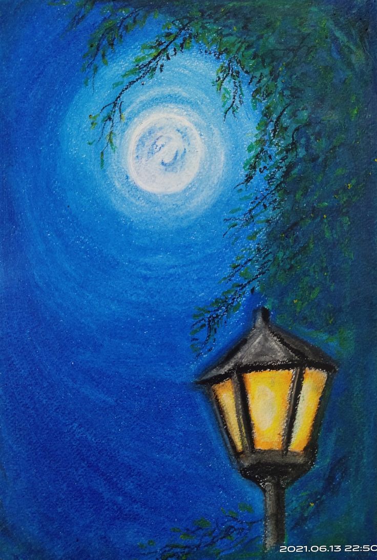 a painting of a lamp post with a full moon in the sky and trees on it