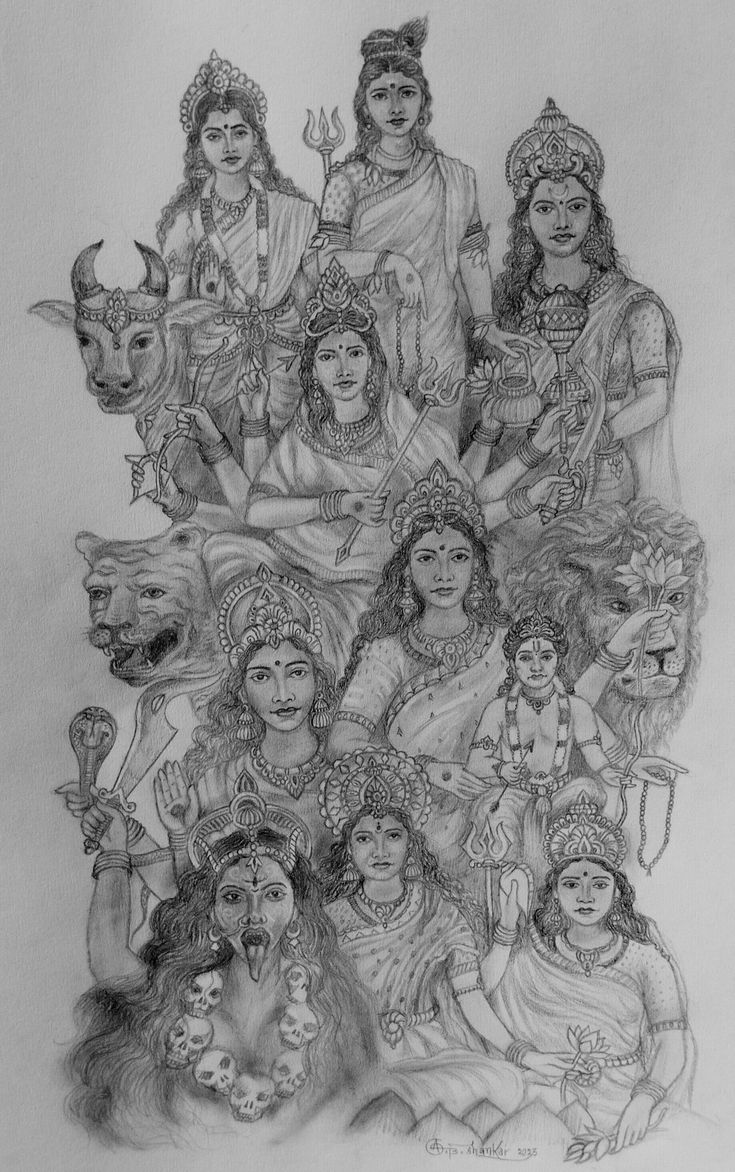 pencil drawing of deities and their attendants