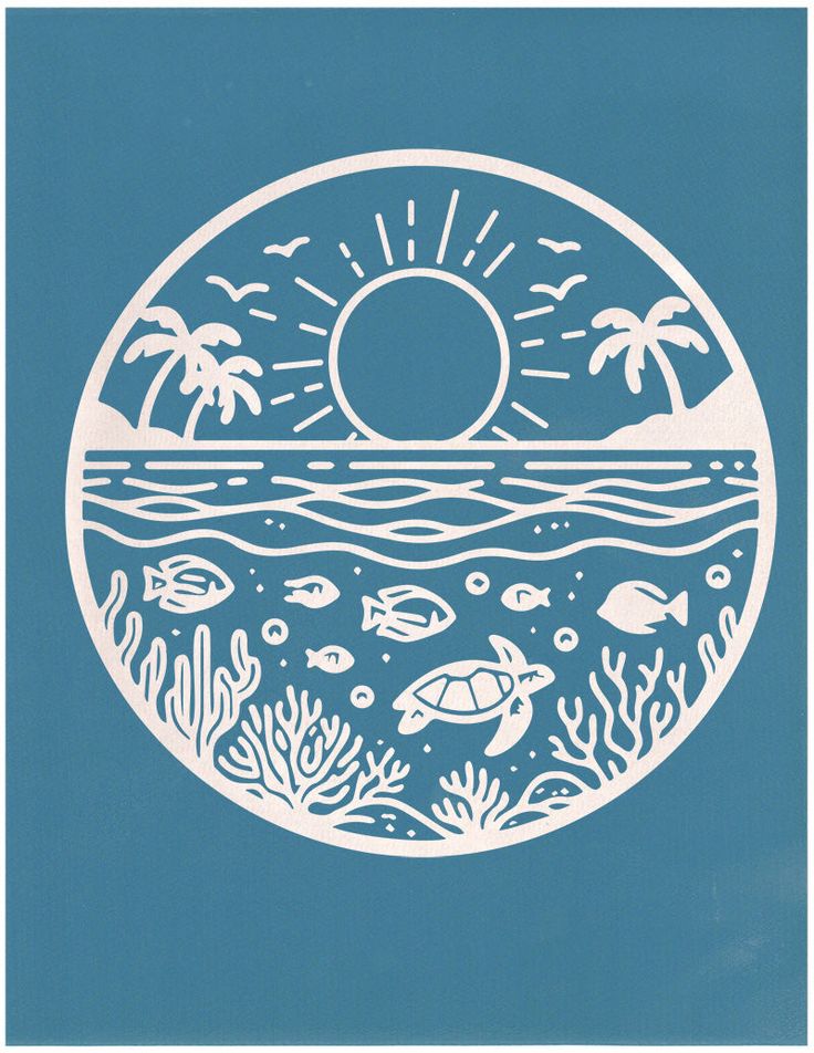 an image of the ocean with fish and palm trees in white on blue paper cutout