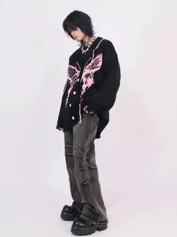 WN3569 ■size(cm)      Length   Chest   Sleeve length     M   71   116   51     L   73   120   52     XL   75   124   53     2XL   77   128   54       ■model 178cm 55kg　XL Y2k Aesthetic Outfits Men, Oversized Fashion Men, Dark Outfits Aesthetic, Image Swag, Oversized Style, Okinawa, Y2k Fashion, Knit Cardigan, Cool Outfits