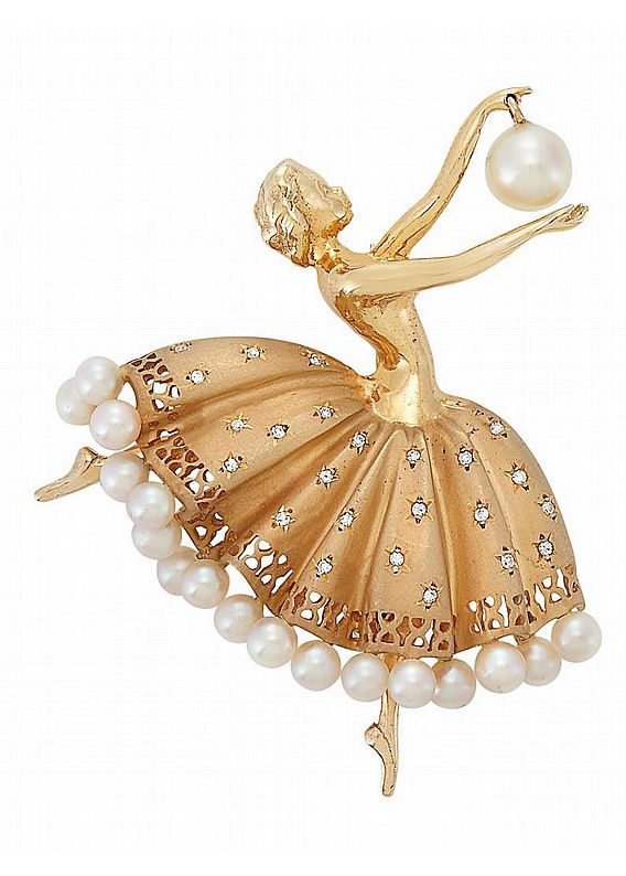 Cultured Pearl Diamond Gold Ballerina Brooch Gold Brooch, Vintage Jewels, Lovely Jewellery, Vintage Jewellery, Cultured Pearls, Tiffany & Co., Vintage Brooches, Pearl Jewelry, Jewelry Art