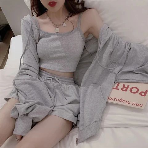 3 Pieces Home Wear Casual Suits – Nada Outfit Land Suits With Shorts, Summer Sleepwear, Elegante Casual, Loungewear Women, Sports Hoodies, Home Wear, Loungewear Sets, Loungewear Set, Tracksuit Women