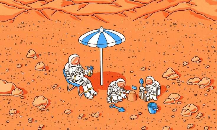 two astronauts are sitting in chairs under an umbrella on the surface of red planet with rocks and sand