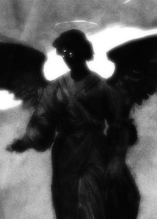 an angel with outstretched wings standing in front of the camera, black and white photograph