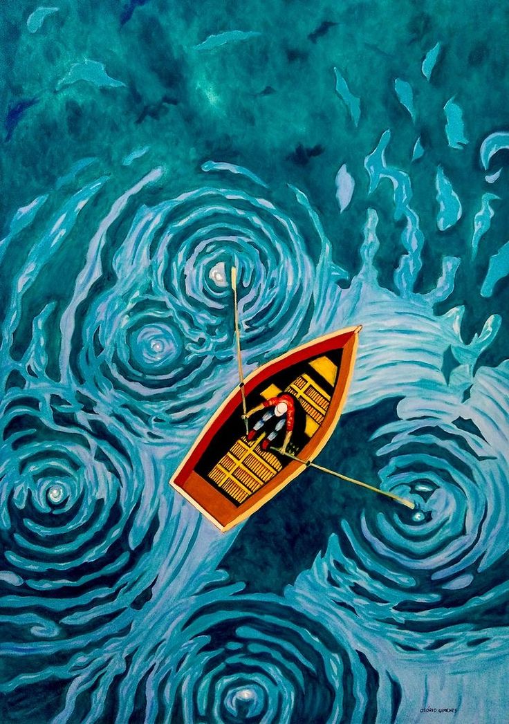 a painting of a man in a rowboat floating on water with circles around him