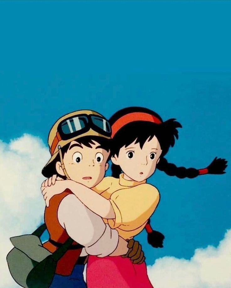 an animated image of two people hugging each other in the air with clouds behind them